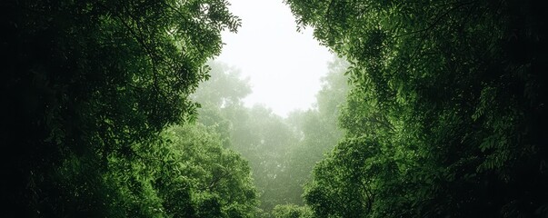 A misty forest scene framed by lush green foliage, creating a serene and tranquil atmosphere.