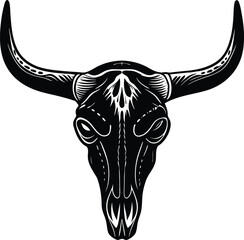 Cow Skull Head Silhouette Vector - Vintage Western Black Icon