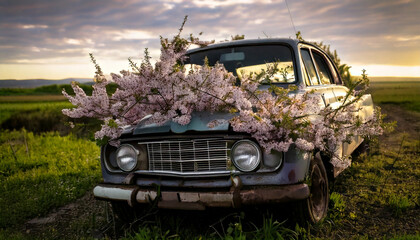 Fototapeta premium Vintage Car Adorned with Blossoming Branches in a Field at Sunset