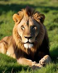 Obraz premium lion, grass, sun, wild, animal, big-cat, jungle, nature, safari, predator, majestic, golden-mane, outdoor, wildlife, sunlit, grassland, powerful, strong, king, mammal, fierce, sun-rays, looking, wild-