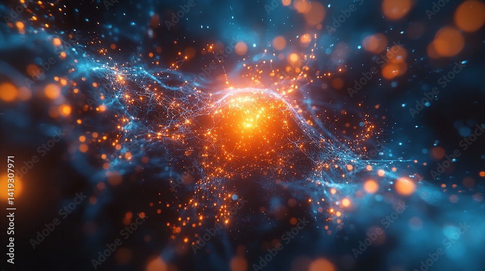 Wall mural abstract network connection structure with glowing orange and blue particles background design art