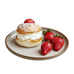 Strawberry Cream Bun with Whipped Topping on White Plate 