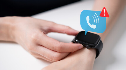 Spam call alert notification on smart watch technology security child protection mobile scam smart crime electronic hacker concept