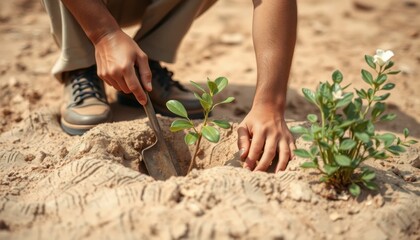Fototapeta premium Person Planting Saplings in Sandy Soil Using a Trowel Environmental Conservation Effort