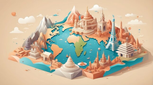 Isometric vector illustration of a stylized world map with cultural icons in pastel tones

