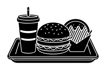 Black-and-White Fast Food Tray Illustration: Clean, Balanced, and Bold.