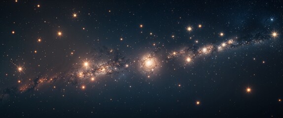 Fototapeta premium Dark void punctuated by bright star clusters wide angle panoramic view horizontal symmetric background.