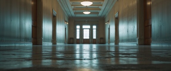 Echo of distant footsteps in an empty hall wide angle panoramic view horizontal symmetric background.