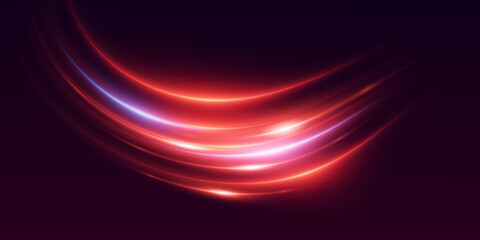 Red special effect of light swirl and trail. Neon speed line effect.