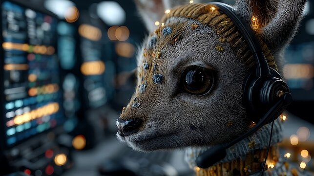 Close-up of a digital deer wearing a headset, in a futuristic control room setting. Warm lighting and bokeh effects create a magical atmosphere