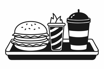 Detailed Line Drawing of a Hamburger, Hot Dog, and Drink on a Tray.