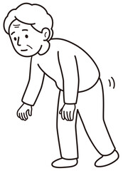 腰が曲がった状態で歩くおばあさんのモノクロ線画のベクターイラスト(A monochrome line art vector illustration of an elderly woman walking with a stooped back)