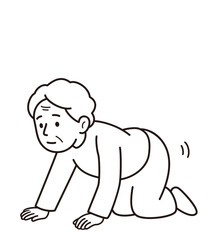 四つん這いでハイハイするおばあさんのモノクロ線画のベクターイラスト(A monochrome line vector illustration of an elderly woman crawling on all fours)
