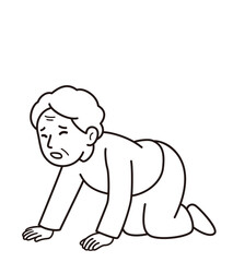 転倒して膝折れして痛そうに四つん這いになったおばあさんのモノクロベクターイラスト(A monochrome vector illustration of an elderly woman falling, collapsing onto her knees, and appearing to be in pain on all fours)