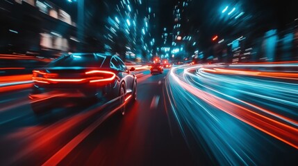Modern futuristic car in movement. Sports luxury cars lights on the road at night time. Timelapse, hyperlapse of transportation. Motion blur, light trails, abstract soft glowing lines on street road