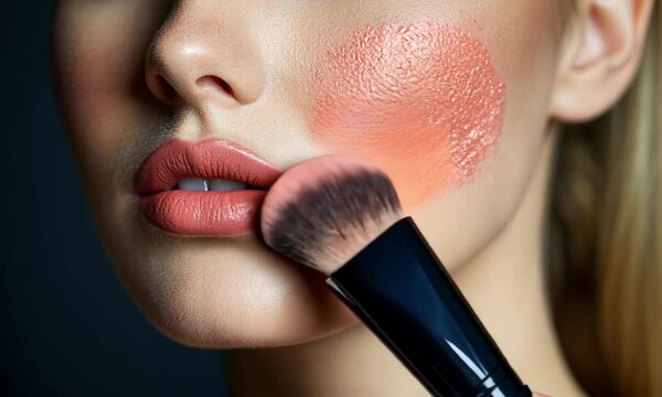 Close-up of blush being applied in soft light with gentle shadows and shallow focus accentuating cheekbone created with Generative AI technology