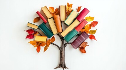 International literacy day concept with tree with books like leaves. Literacy, education, knowledge concept with color books on tree on white background