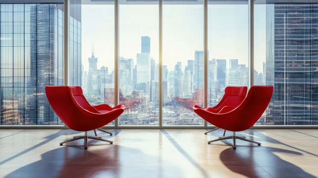 Modern office interior with red chairs and large windows showing cityscape