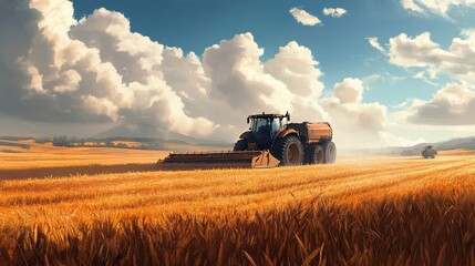 Fototapeta premium Tractor harvesting wheat in golden field under a cloudy sky agricultural work