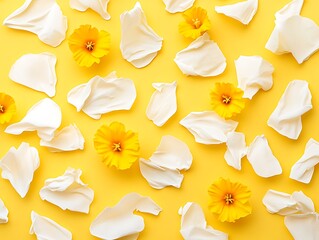 Naklejka premium Flowers & petals on yellow background for wallpaper, textile, or art prints decoration