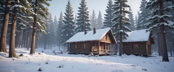 Snow-covered pines, cozy cabin, snowy woods, falling snow,  scene,  picturesque
