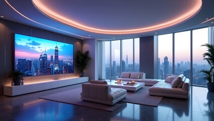 Futuristic pod bedroom with neon accents and minimal furniture.