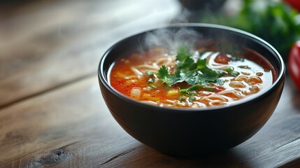 Tom Yum Goong thai hot spicy soup on wooden table,Thai popular food menu