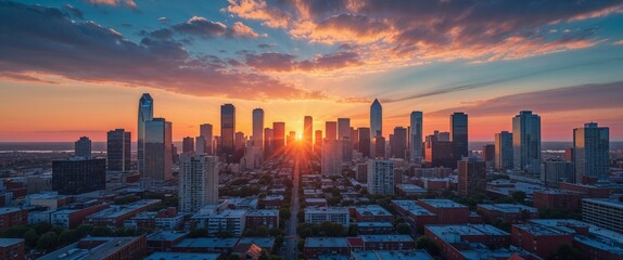 Urban skyline at sunset wide angle panoramic view horizontal symmetric background