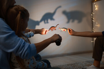Mother and her son performing shadow play with toy dinosaurs at home, closeup