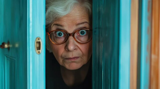 Curious neighbor peers through door. Intrigue and tension. Privacy, misunderstandings. Crazy annoying grandmother or mother-in-law peeping from behind, eavesdropping conversation. Old lady hiding.