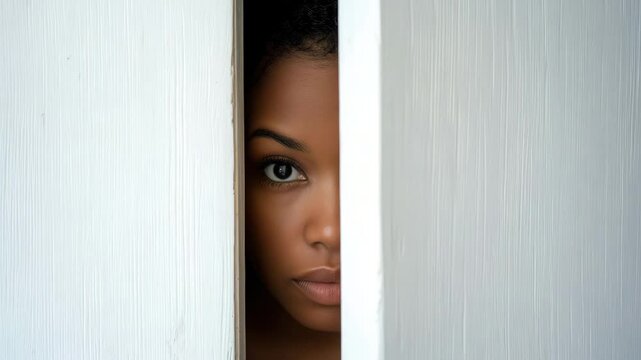 Girl stands behind door spies, eavesdrops. Suspicions of treason, cheating, hear or see unexpected information. Woman hides, importunately. Curiosity and suspense. Curious neighbor peers through.