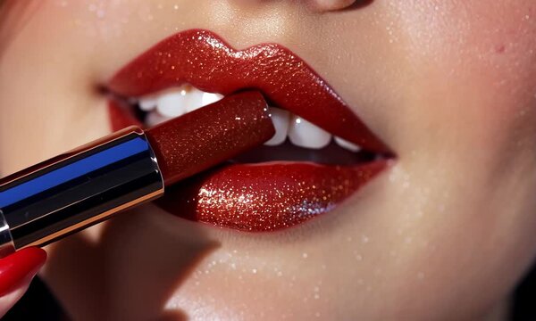 Dramatic light highlights shimmering lip gloss on lips in closeup creative scene created with Generative AI technology
