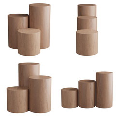 4 Set of Wood Cylinder Podium - 3D Render - 2K