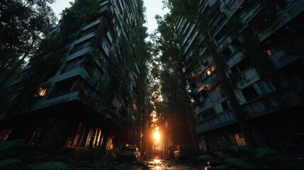 Naklejka premium An abandoned city overtaken by nature, trees growing through buildings, vines covering skyscrapers, animals roaming freely. Misty sunrise with golden light breaking through the ruins.