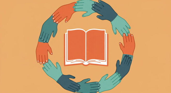 Open book surrounded by diverse colorful hands in circle on orange background. Unity in reading. Diversity, inclusion, community literacy. Book clubs, educational programs and multicultural literature