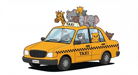 Cartoon animals riding in yellow taxi illustration