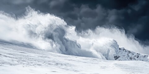 A large wave is crashing on a rocky shore
