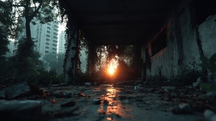 An abandoned city overtaken by nature, trees growing through buildings, vines covering skyscrapers, animals roaming freely. Misty sunrise with golden light breaking through the ruins.