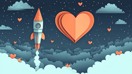 Rocket launching towards giant heart, night sky, clouds, Valentine's Day card