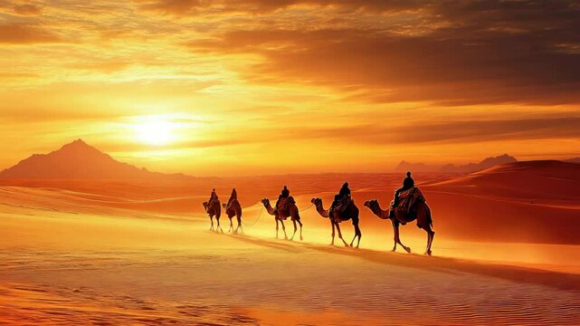 Caravan of camels travels across golden sand dunes at sunset, hot desert background. Fun adventure. Silhouette of camel and riders, exploration. Journey, adventure.