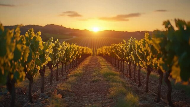 Vineyard Sunset Serenity: Sun-kissed vines stretch toward a tranquil horizon, their leaves catching the final golden rays of the day, invoking a sense of peace and bounty in a vineyard landscape.