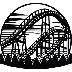 Black and White Roller Coaster Silhouette: Thrilling Amusement Park Ride Vector Illustration with Trees and Sky Background