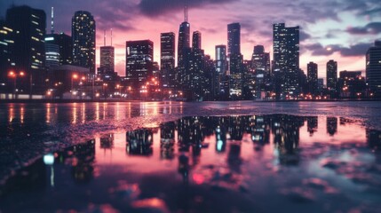 Naklejka premium Urban skyline reflection in rain puddle at dusk with city lights and sky