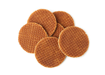 Tasty round waffles isolated on white, top view