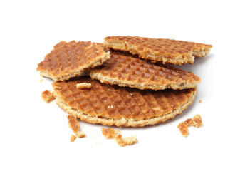 Pieces of tasty round waffles isolated on white