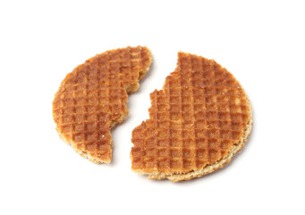 Pieces of tasty round waffle isolated on white