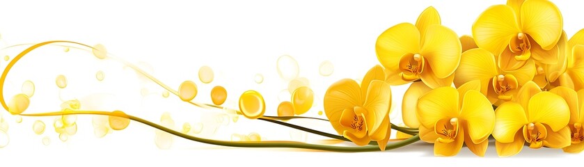 Vibrant yellow orchids bloom on white, with swirls and circles as background art, for banner