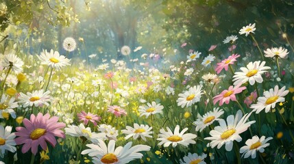 Meadow with lots of white and pink spring daisy flowers and yellow dandelions in sunny day