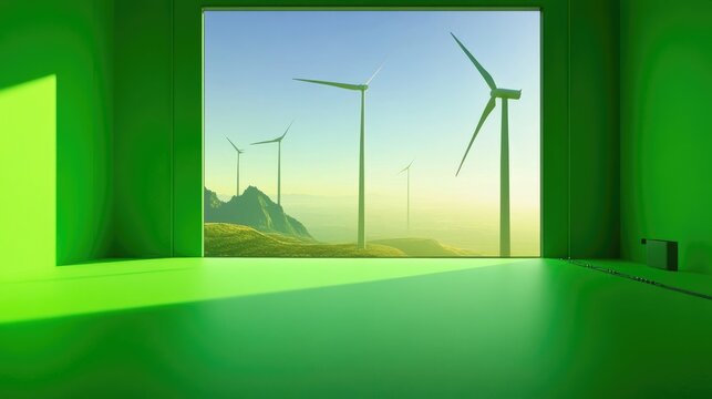 3D animation of wind power plant rotation. Green screen loop footage