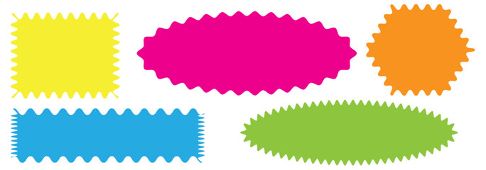 Zig zag Wavy Edge Rectangle, Oval, Circle Stickers Set. Vector Jagged Geometric Shapes. Abstract Elements for Frame, Stamp, Template, Promo Design, Web Design and Social Media.